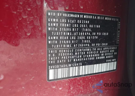 2018 Volkswagen Tiguan 2.0T Se/2.0T Sel из США, поврежденный, VIN 3VV3B7AX4JM128415